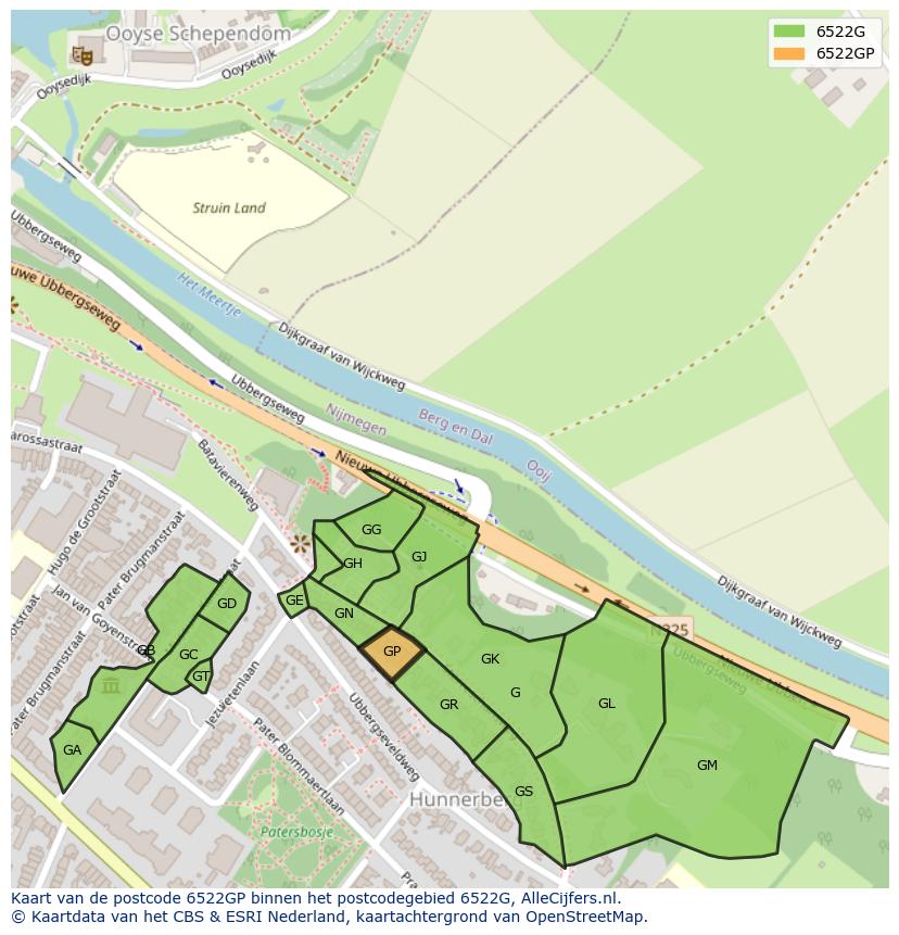 Afbeelding van het postcodegebied 6522 GP op de kaart.