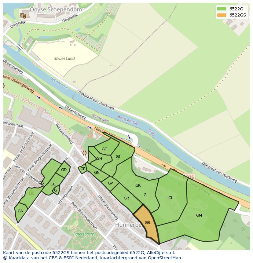 Afbeelding van het postcodegebied 6522 GS op de kaart.