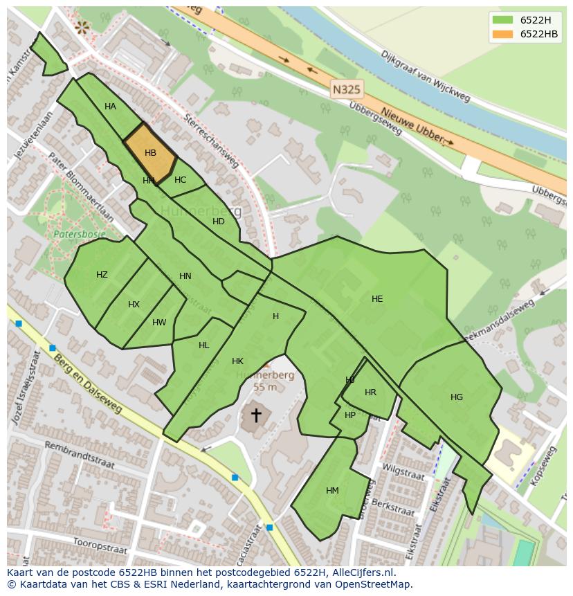 Afbeelding van het postcodegebied 6522 HB op de kaart.
