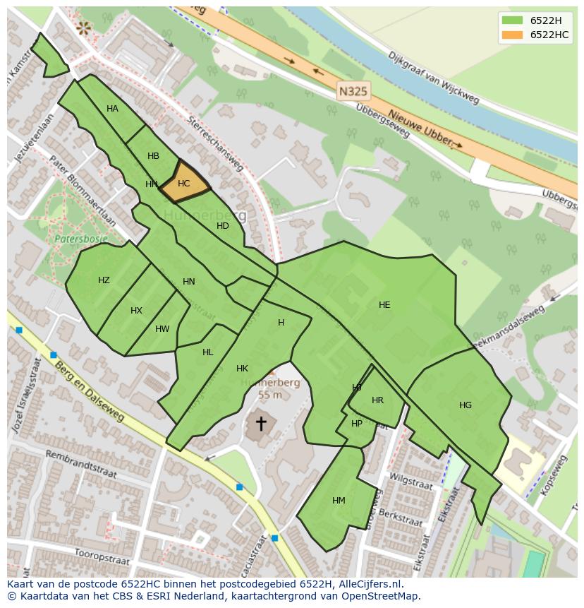 Afbeelding van het postcodegebied 6522 HC op de kaart.