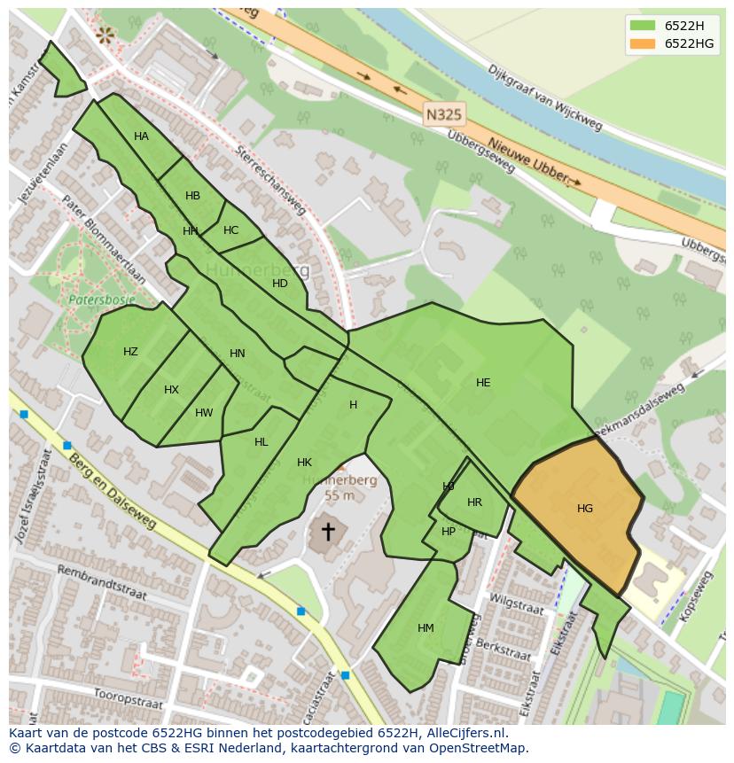 Afbeelding van het postcodegebied 6522 HG op de kaart.