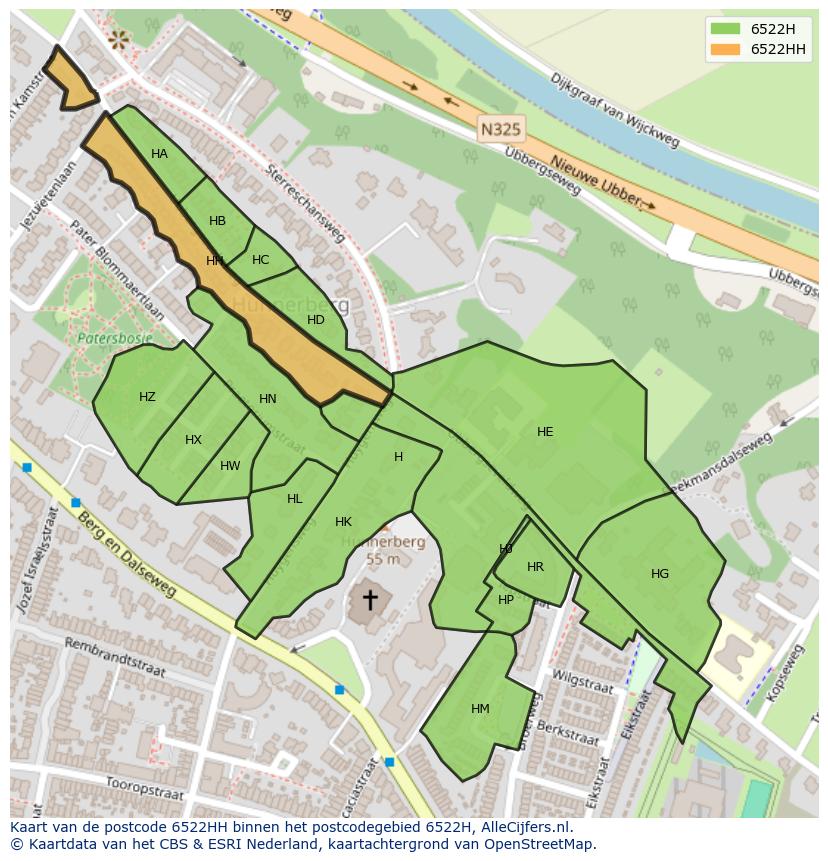 Afbeelding van het postcodegebied 6522 HH op de kaart.