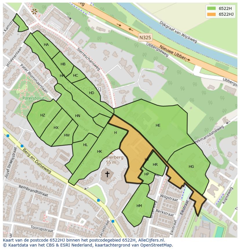 Afbeelding van het postcodegebied 6522 HJ op de kaart.