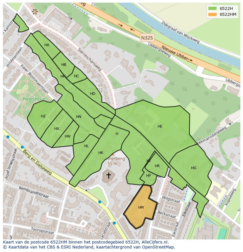 Afbeelding van het postcodegebied 6522 HM op de kaart.