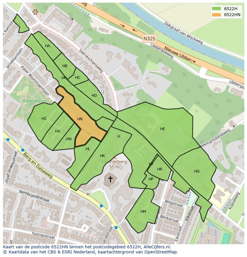 Afbeelding van het postcodegebied 6522 HN op de kaart.