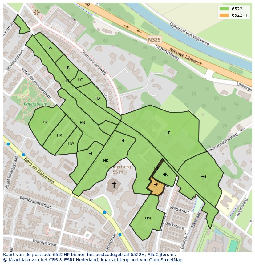 Afbeelding van het postcodegebied 6522 HP op de kaart.
