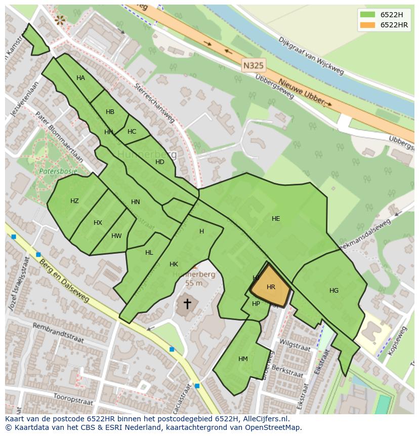 Afbeelding van het postcodegebied 6522 HR op de kaart.