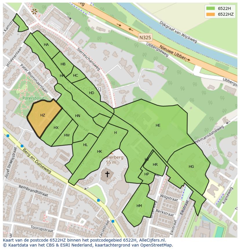 Afbeelding van het postcodegebied 6522 HZ op de kaart.