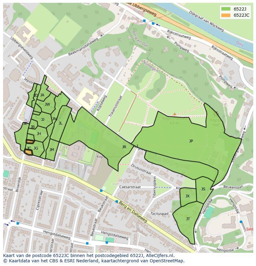 Afbeelding van het postcodegebied 6522 JC op de kaart.