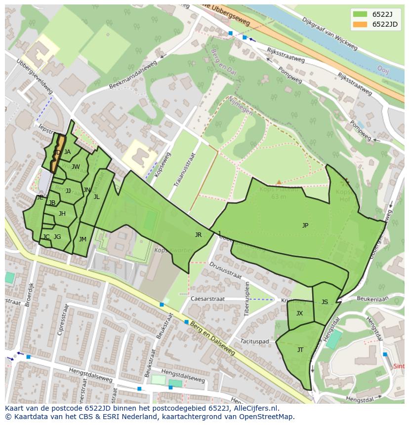 Afbeelding van het postcodegebied 6522 JD op de kaart.