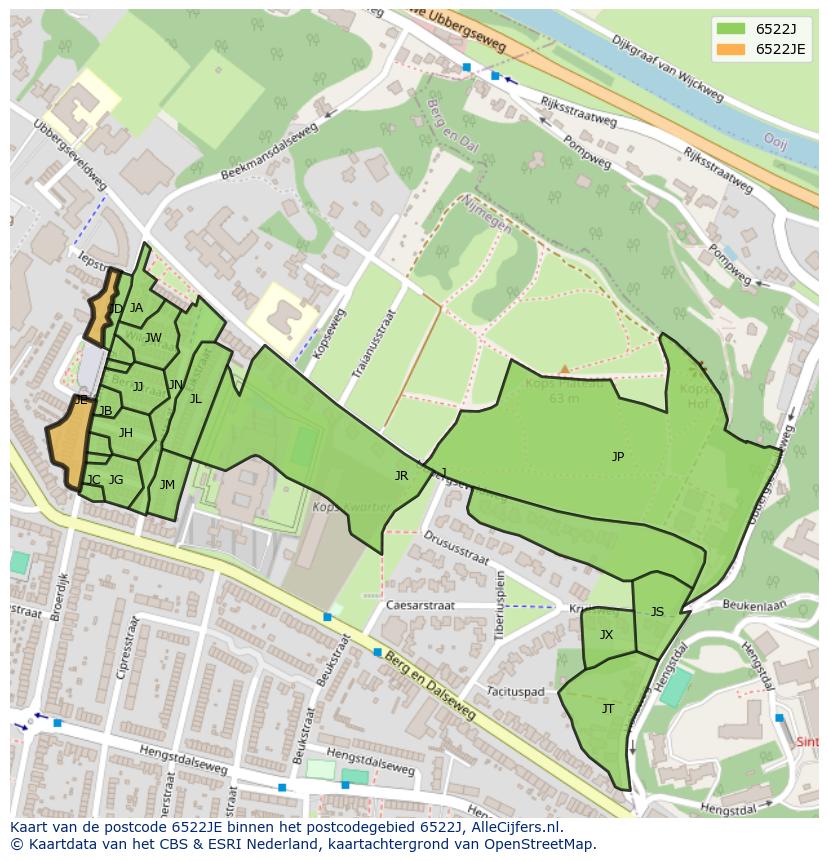 Afbeelding van het postcodegebied 6522 JE op de kaart.
