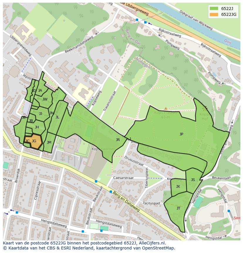 Afbeelding van het postcodegebied 6522 JG op de kaart.