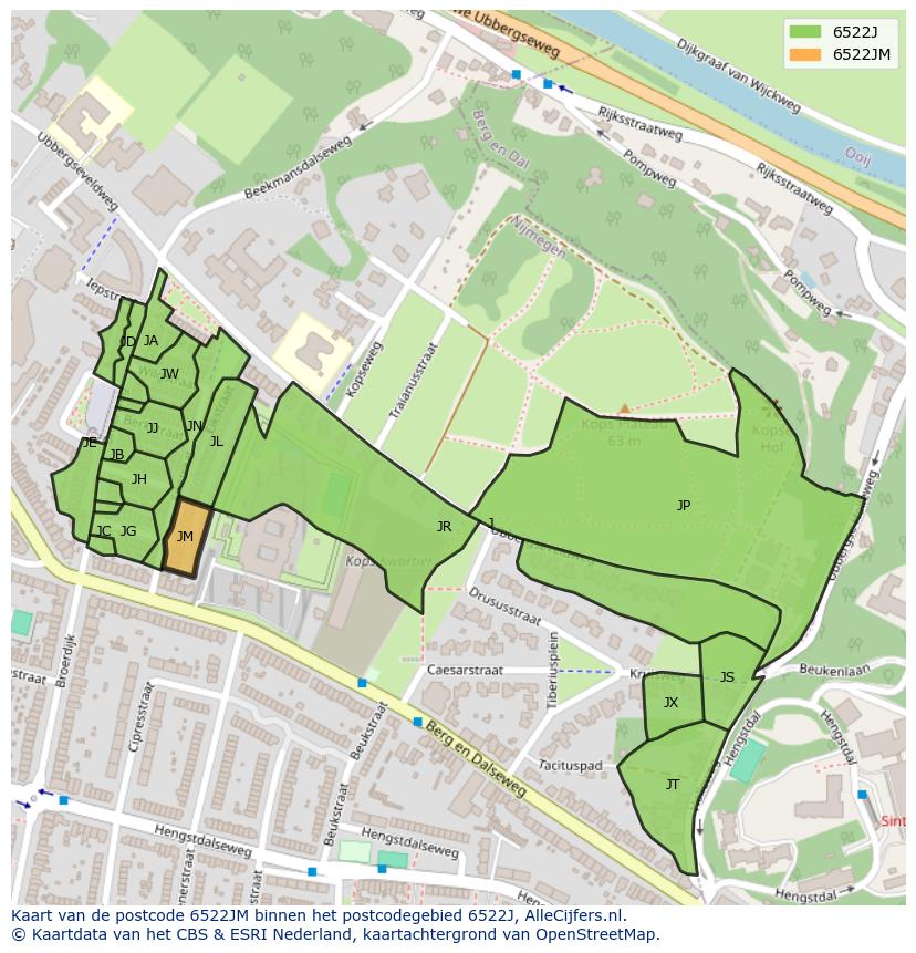 Afbeelding van het postcodegebied 6522 JM op de kaart.