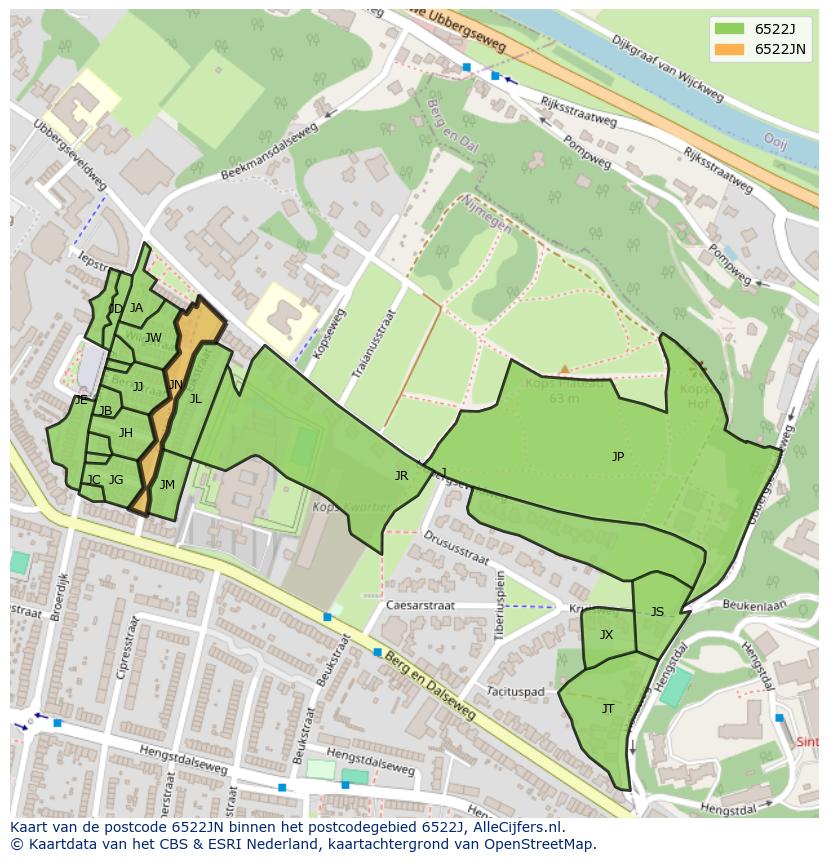 Afbeelding van het postcodegebied 6522 JN op de kaart.