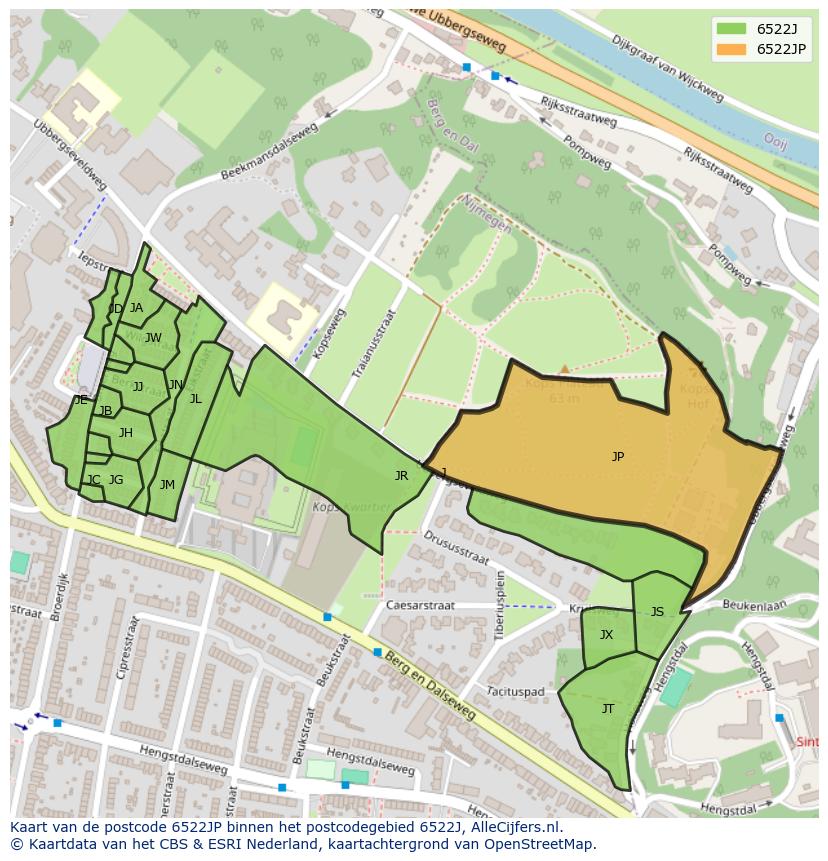 Afbeelding van het postcodegebied 6522 JP op de kaart.