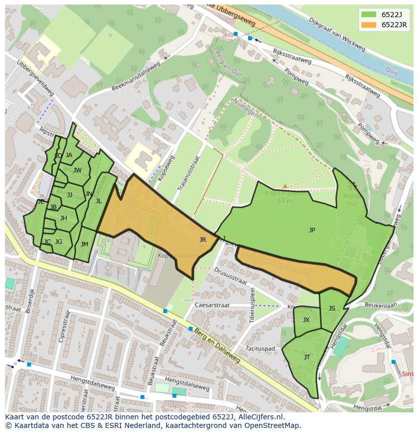 Afbeelding van het postcodegebied 6522 JR op de kaart.