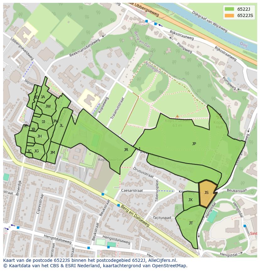 Afbeelding van het postcodegebied 6522 JS op de kaart.