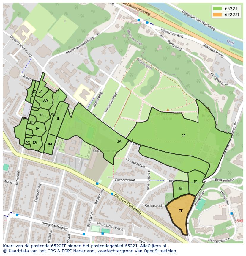 Afbeelding van het postcodegebied 6522 JT op de kaart.