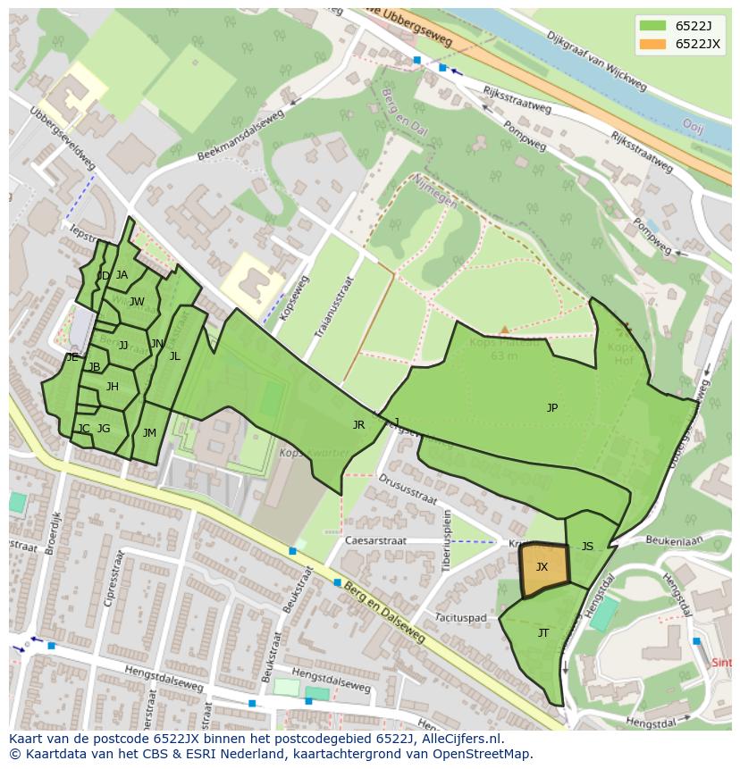 Afbeelding van het postcodegebied 6522 JX op de kaart.