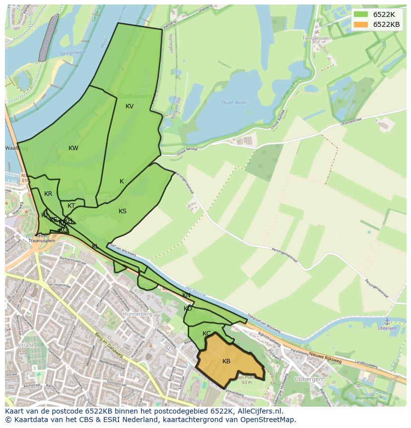 Afbeelding van het postcodegebied 6522 KB op de kaart.