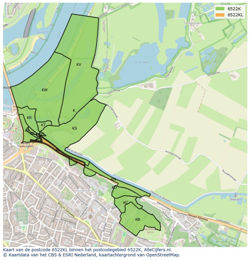 Afbeelding van het postcodegebied 6522 KL op de kaart.