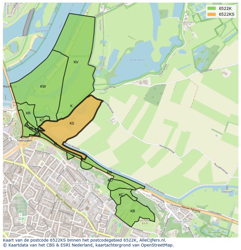 Afbeelding van het postcodegebied 6522 KS op de kaart.
