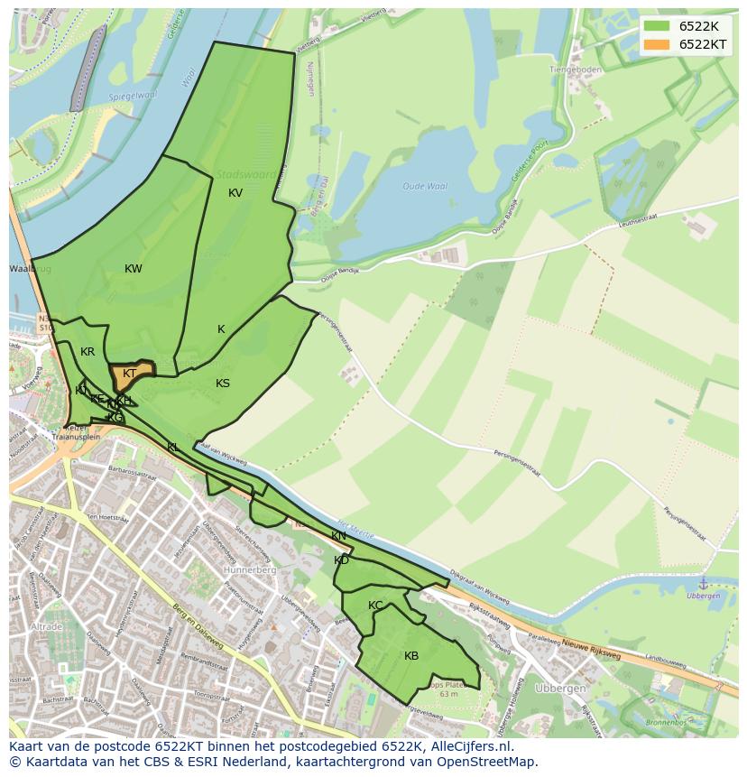 Afbeelding van het postcodegebied 6522 KT op de kaart.