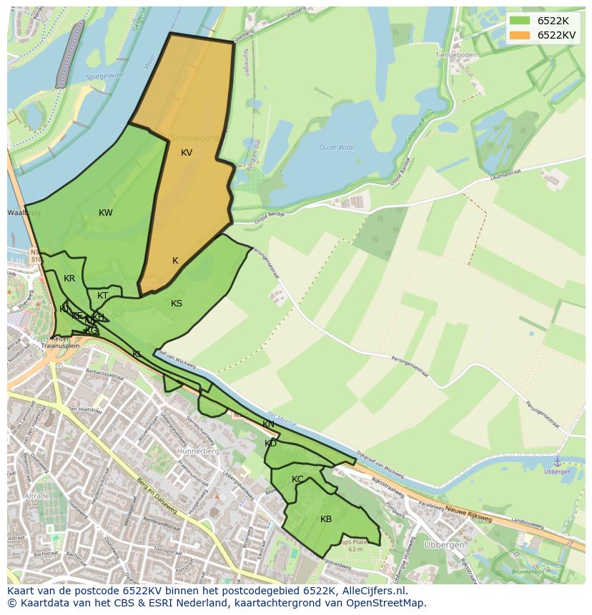 Afbeelding van het postcodegebied 6522 KV op de kaart.