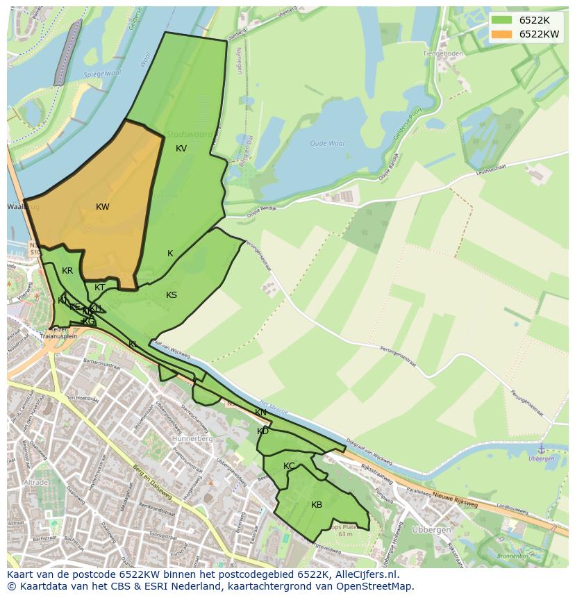 Afbeelding van het postcodegebied 6522 KW op de kaart.