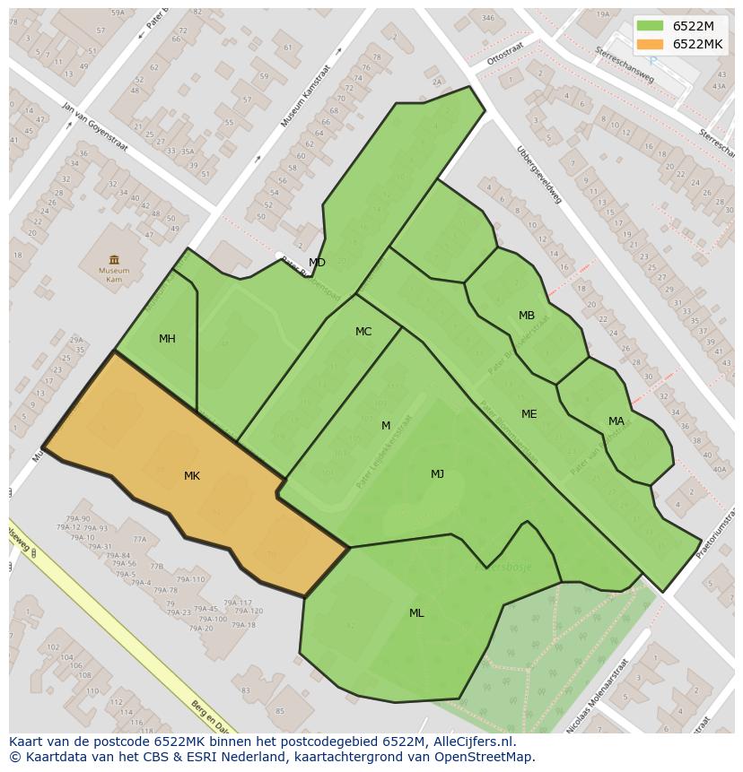 Afbeelding van het postcodegebied 6522 MK op de kaart.