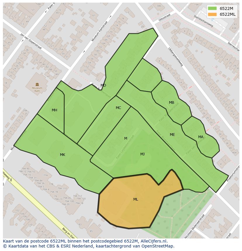Afbeelding van het postcodegebied 6522 ML op de kaart.