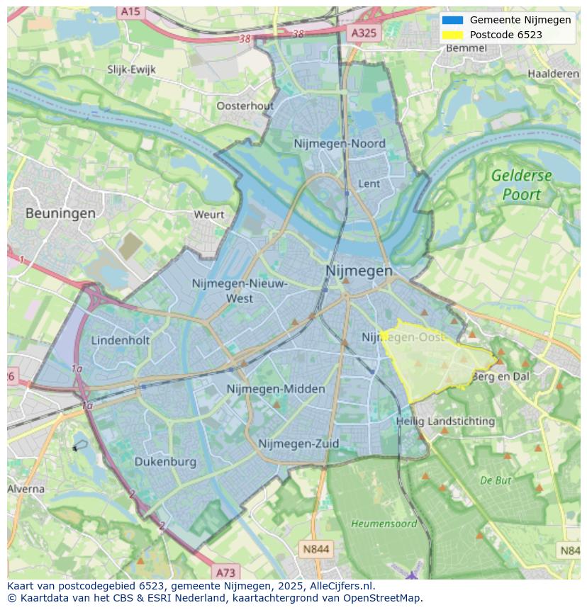 Afbeelding van het postcodegebied 6523 op de kaart.