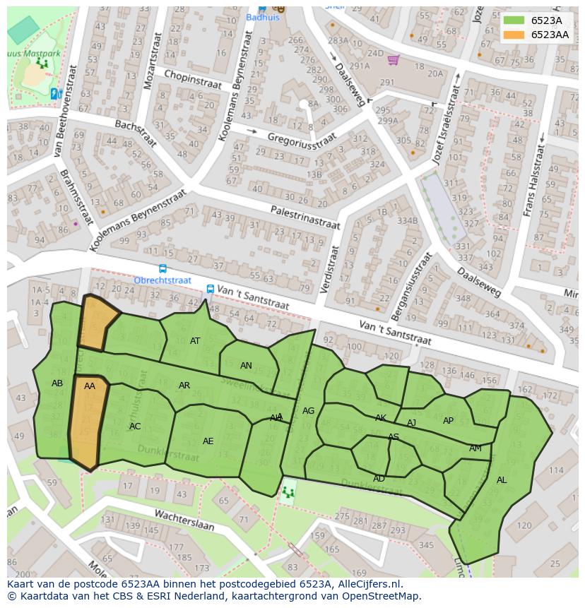 Afbeelding van het postcodegebied 6523 AA op de kaart.