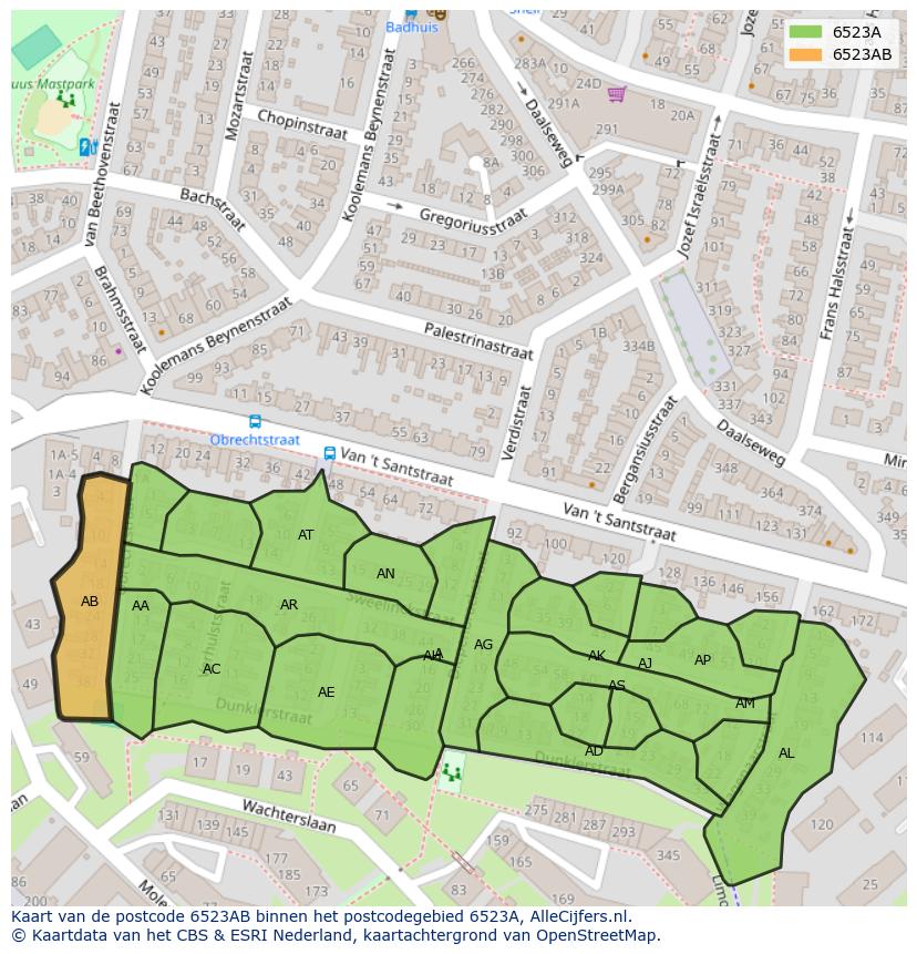 Afbeelding van het postcodegebied 6523 AB op de kaart.