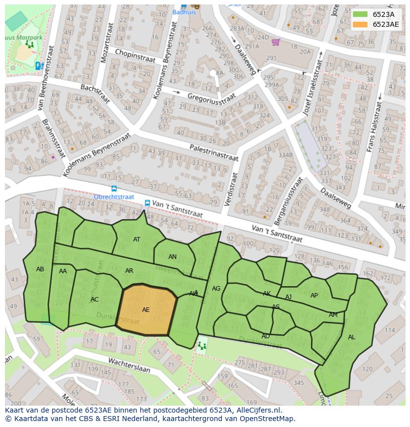 Afbeelding van het postcodegebied 6523 AE op de kaart.