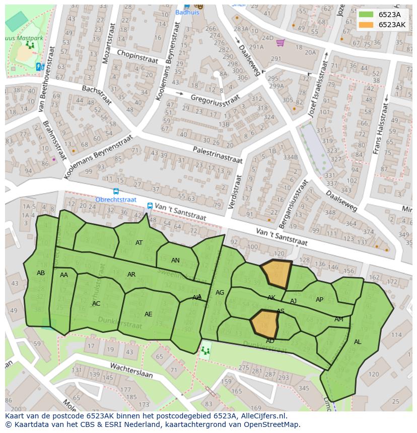 Afbeelding van het postcodegebied 6523 AK op de kaart.