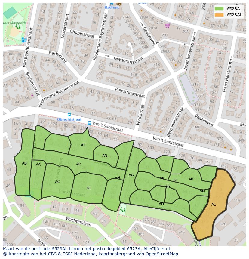 Afbeelding van het postcodegebied 6523 AL op de kaart.