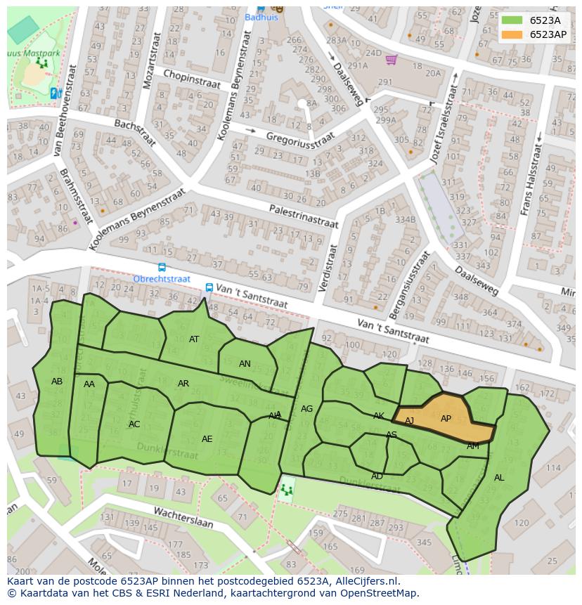 Afbeelding van het postcodegebied 6523 AP op de kaart.