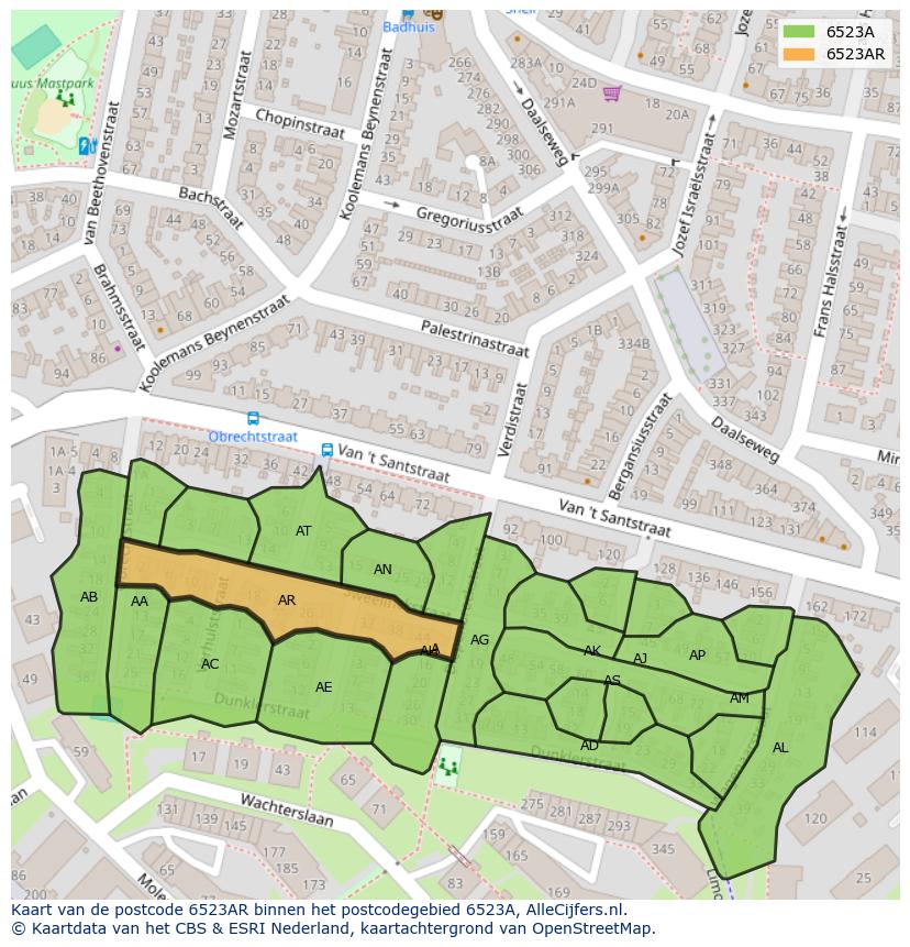 Afbeelding van het postcodegebied 6523 AR op de kaart.
