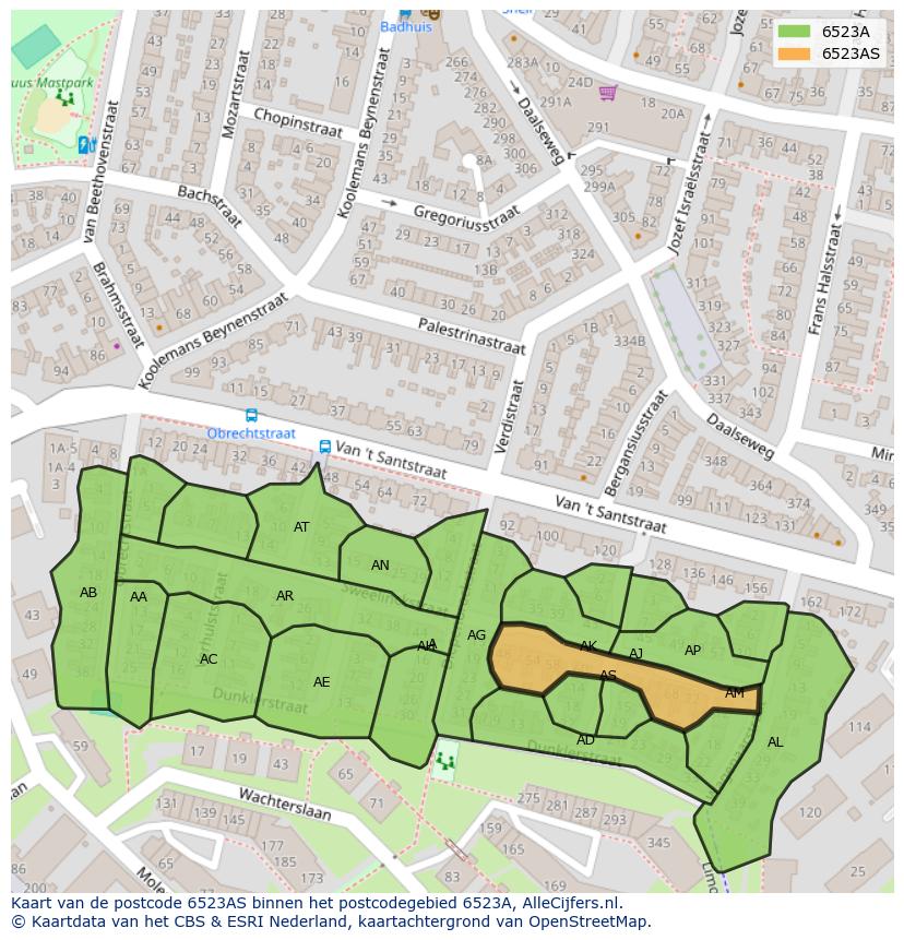 Afbeelding van het postcodegebied 6523 AS op de kaart.