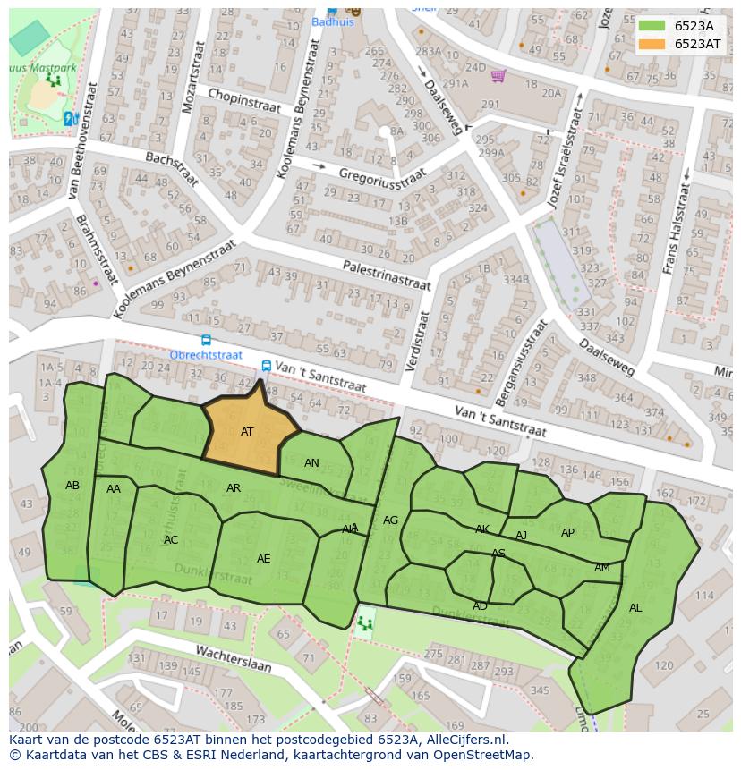 Afbeelding van het postcodegebied 6523 AT op de kaart.