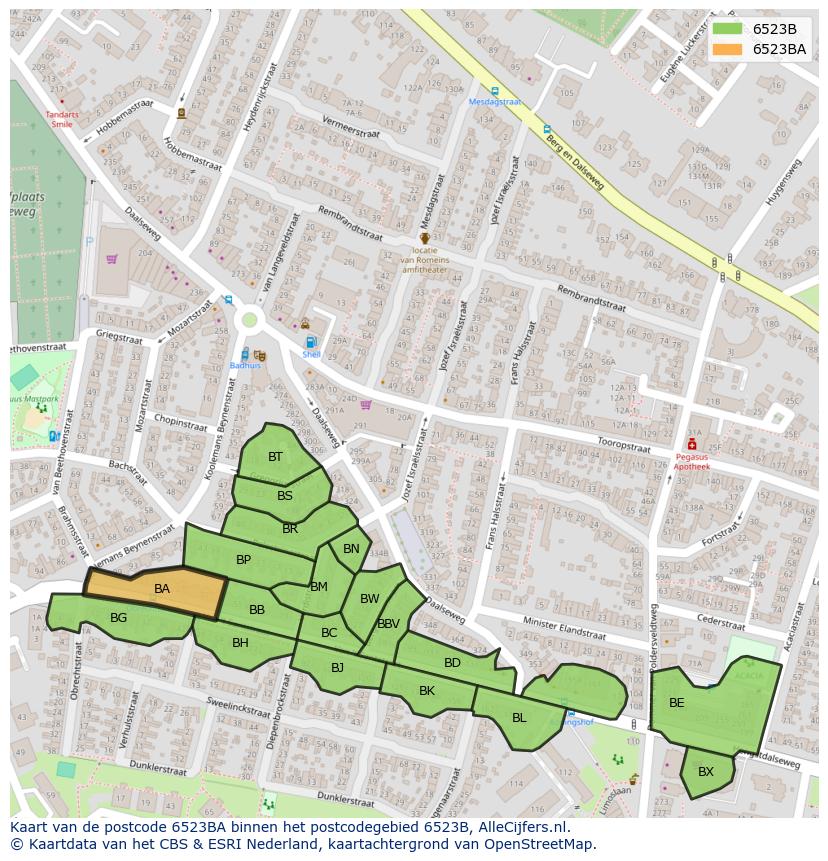 Afbeelding van het postcodegebied 6523 BA op de kaart.