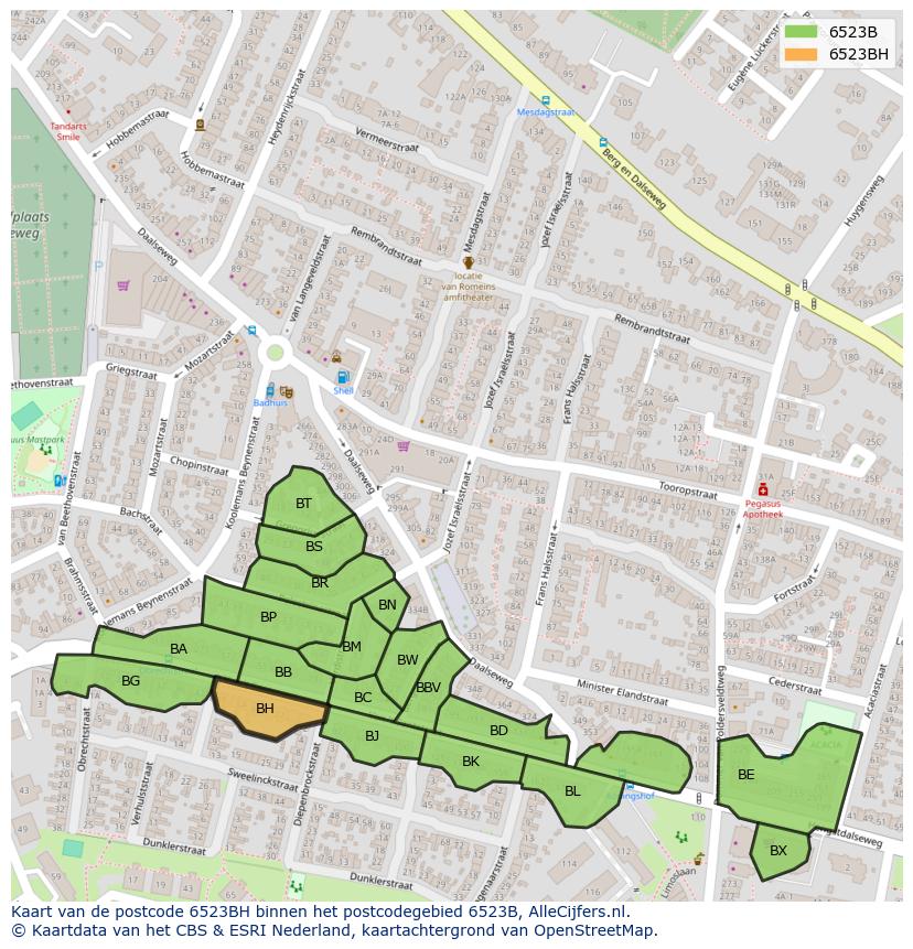 Afbeelding van het postcodegebied 6523 BH op de kaart.