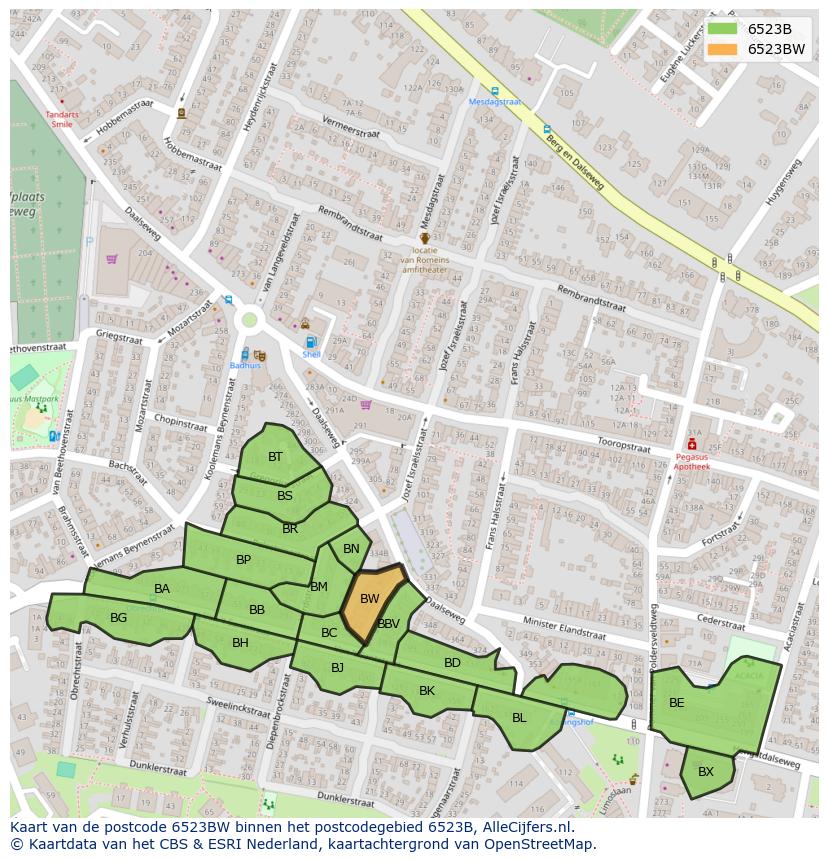 Afbeelding van het postcodegebied 6523 BW op de kaart.