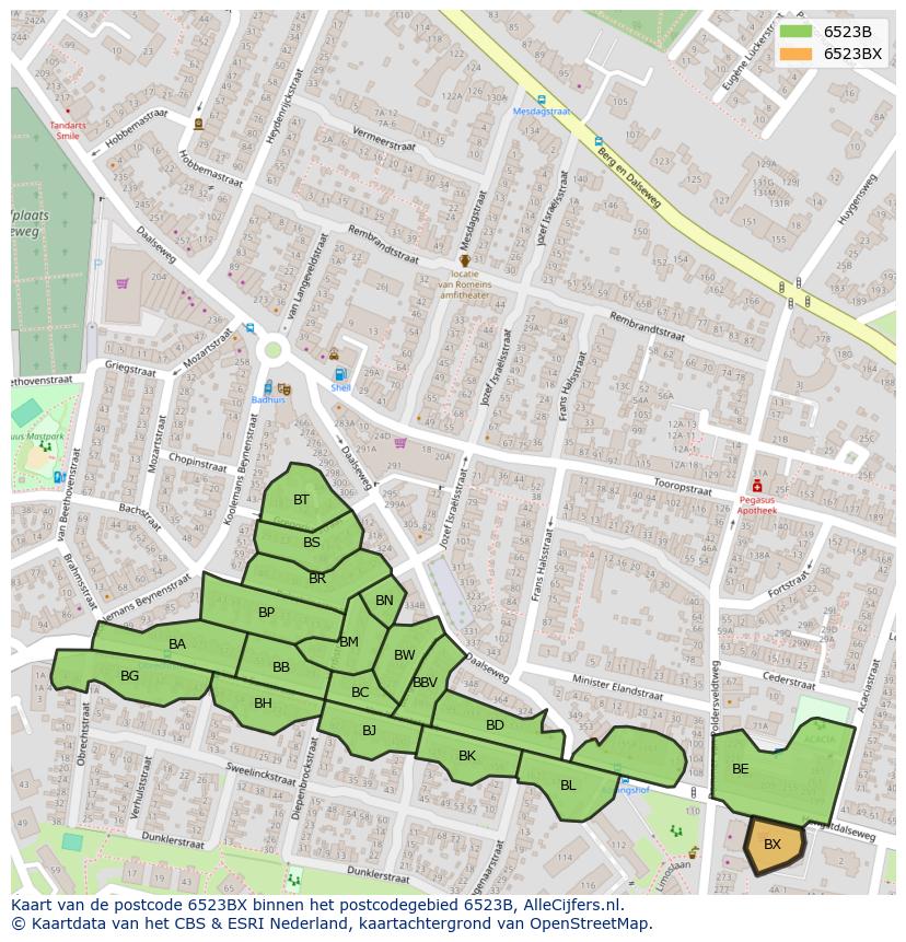 Afbeelding van het postcodegebied 6523 BX op de kaart.