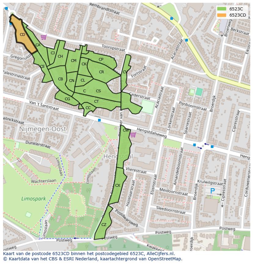Afbeelding van het postcodegebied 6523 CD op de kaart.