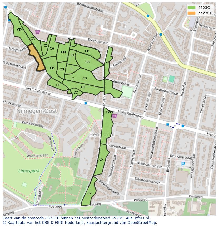 Afbeelding van het postcodegebied 6523 CE op de kaart.