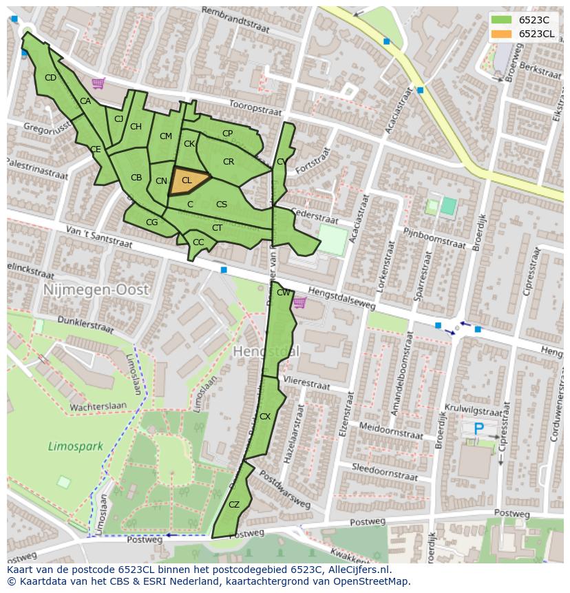 Afbeelding van het postcodegebied 6523 CL op de kaart.
