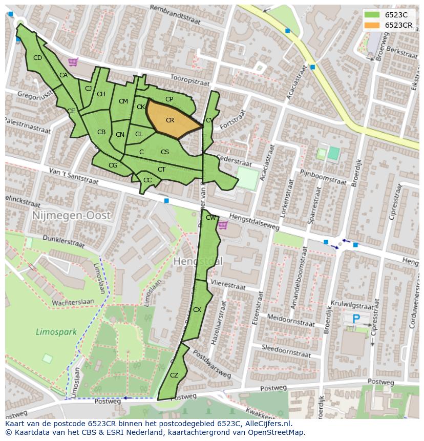 Afbeelding van het postcodegebied 6523 CR op de kaart.