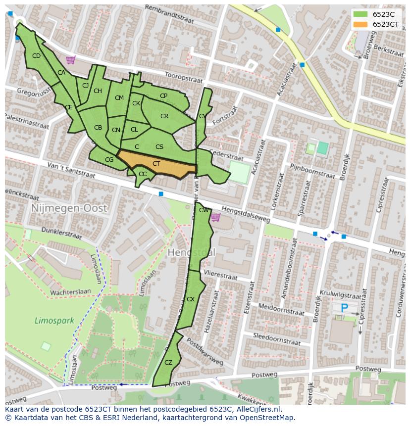 Afbeelding van het postcodegebied 6523 CT op de kaart.